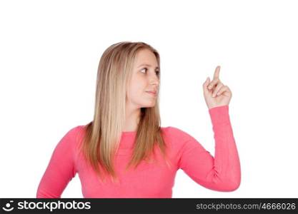 Attractive woman indicating something isolated on white background