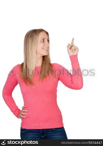 Attractive woman indicating something isolated on white background