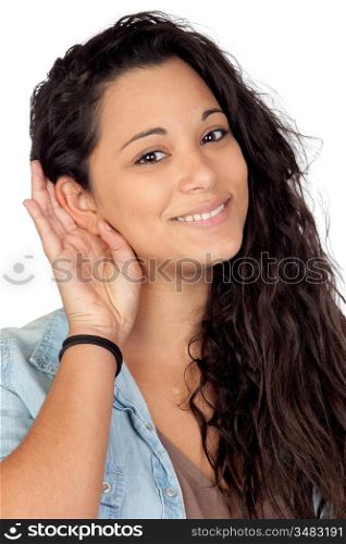 Attractive woman listening isolated on a over white background