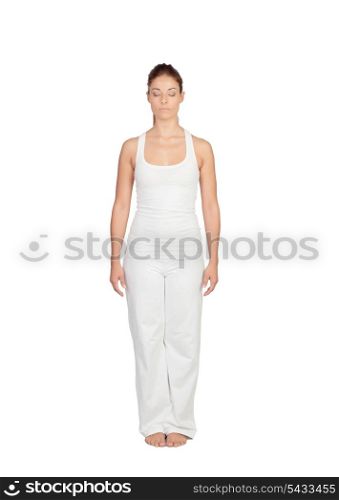 Attractive woman meditating concentrated isolated on white background