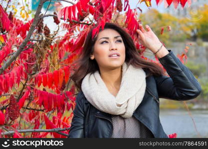 Attractive woman posing among colorful red leaves