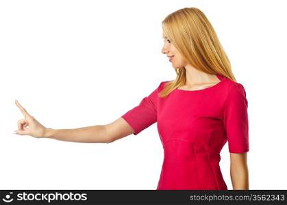 Attractive woman pressing virtual buttons