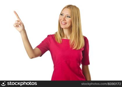 Attractive woman pressing virtual buttons