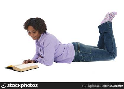 Attractive woman reading a book a over white background