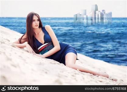 attractive woman saw mirage on the sea beach