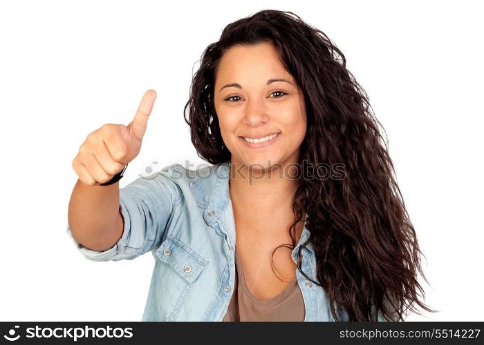 Attractive woman saying Ok isolated on a over white background