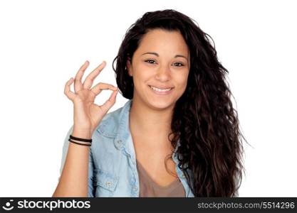 Attractive woman saying Ok isolated on a over white background