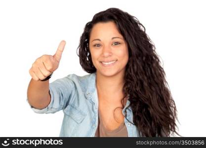 Attractive woman saying Ok isolated on a over white background with focus on finger