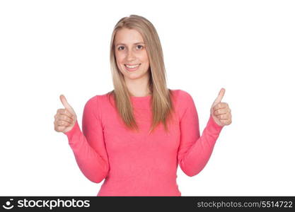 Attractive woman saying Ok isolated on white background