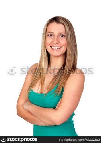 Attractive woman smiling with crossed arms isolated on white background