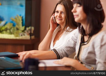 Attractive woman talking on her mobile in a business meeting while sitting alongside a female colleague