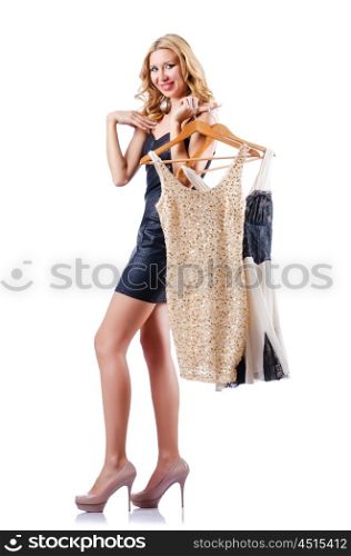 Attractive woman trying new clothing on white