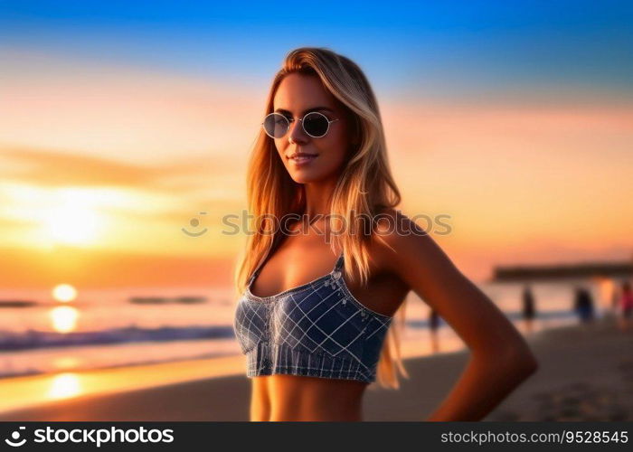 Attractive woman wearing a bikini at the beach during sunset created with generative AI technology