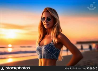 Attractive woman wearing a bikini at the beach during sunset created with generative AI technology