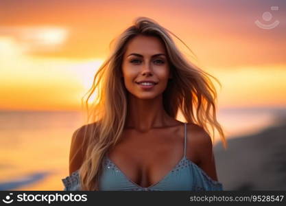 Attractive woman wearing a bikini at the beach during sunset created with generative AI technology