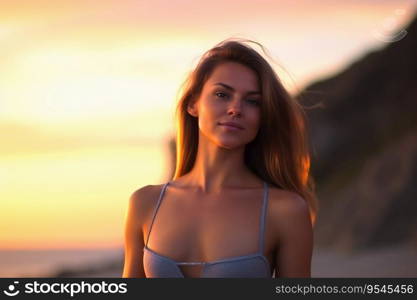 Attractive woman wearing a bikini at the beach during sunset created with generative AI technology