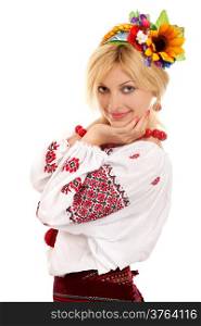 Attractive woman wears Ukrainian national dress isolated on a white background