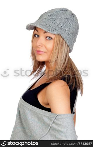 Attractive woman with a grey wool bonnet isolated on white background