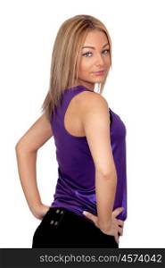 Attractive woman with a purple t-shirt isolated on white background