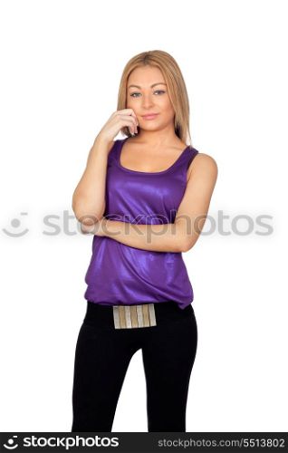 Attractive woman with a purple t-shirt isolated on white background