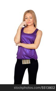 Attractive woman with a purple t-shirt isolated on white background