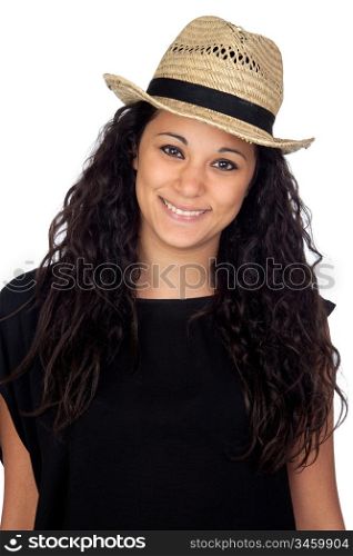 Attractive woman with a straw hat isolated on a over white background