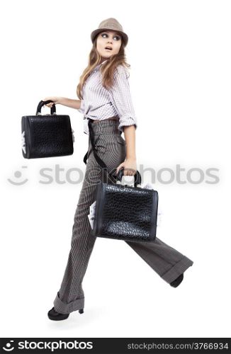Attractive woman with bags filled with money on white background