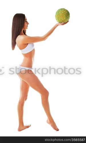 Attractive woman with ball on white background