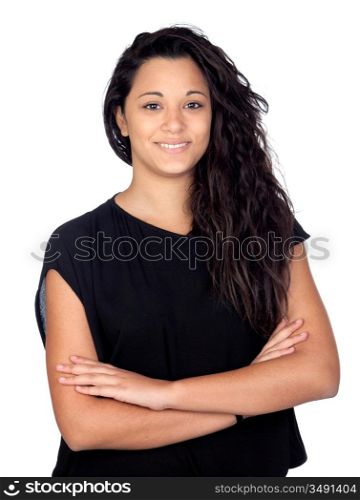 Attractive woman with black t-shirt isolated on a over white background