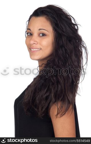 Attractive woman with black t-shirt isolated on a over white background