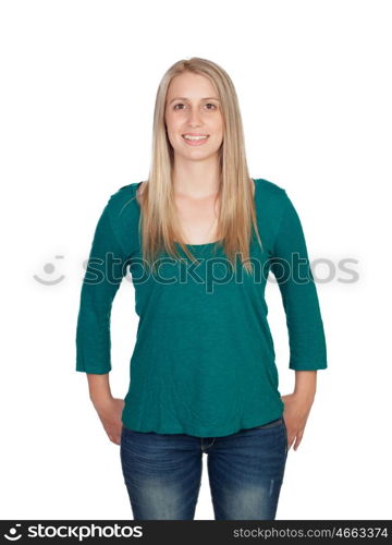 Attractive woman with blond hair isolated on white background