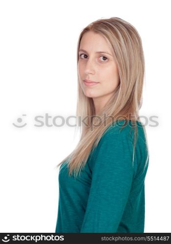 Attractive woman with blond hair isolated on white background