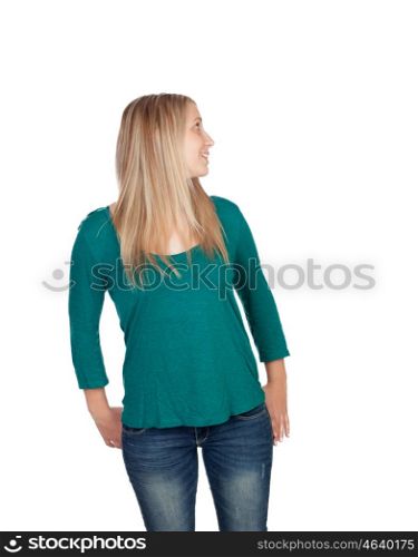 Attractive woman with blond hair looking back isolated on white background