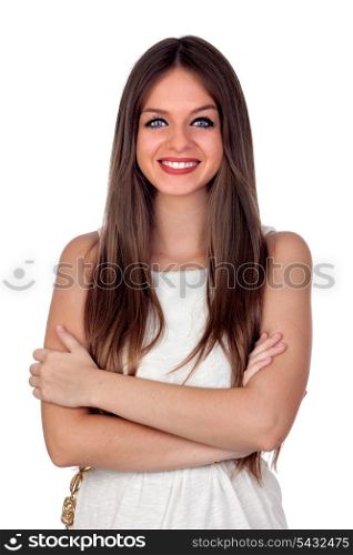 Attractive woman with blue eyes and crossed arms isolated on white background