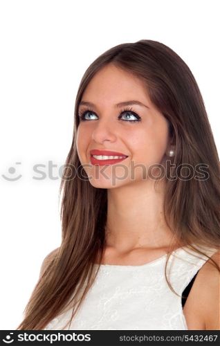 Attractive woman with blue eyes looking up isolated on white background