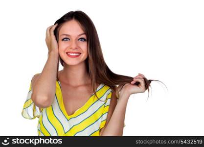 Attractive woman with blue eyes touching her hair isolated on white background