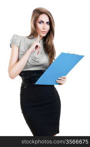 attractive woman with blue folder and pencil on white background