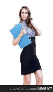 attractive woman with blue folder on white background
