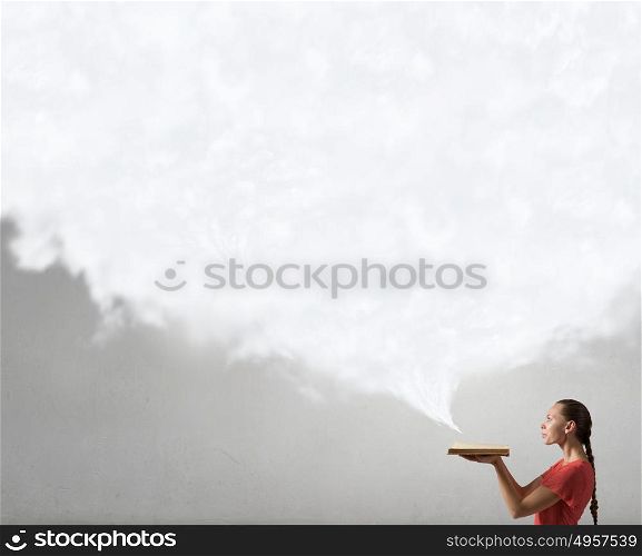 Attractive woman with book. Young woman in red dress with book in hands and speech cloud above