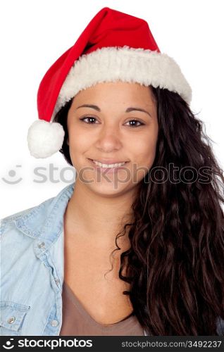 Attractive woman with Christmas hat isolated on white