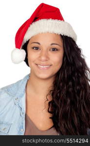 Attractive woman with Christmas hat isolated on white