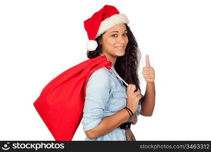 Attractive woman with Christmas saying Ok hat isolated on white