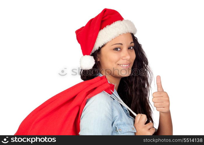 Attractive woman with Christmas saying Ok hat isolated on white