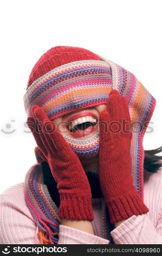 Attractive Woman With Colorful Scarf Over Eyes Isolated on a Whiite Background.