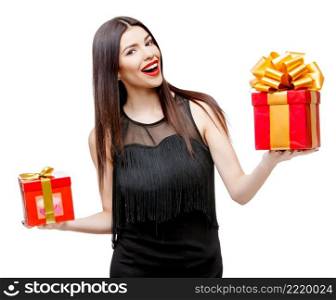 Attractive woman with gift box, isolated on white. Attractive woman with gift box