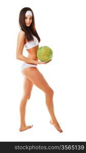 Attractive woman with green ball on white background