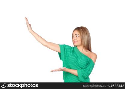 Attractive woman with her arms extended isolated on white background
