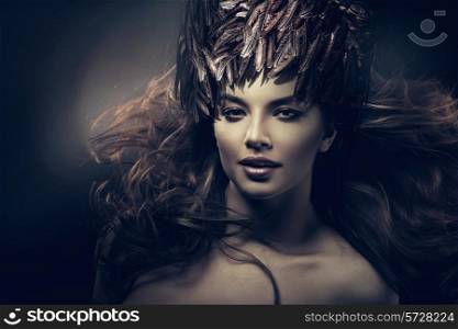 attractive woman with long hair and feather hat