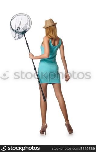 Attractive woman with net on white