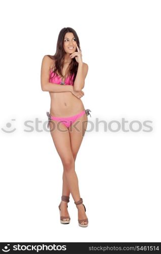 Attractive woman with pink swimwear thinking isolated on a white background